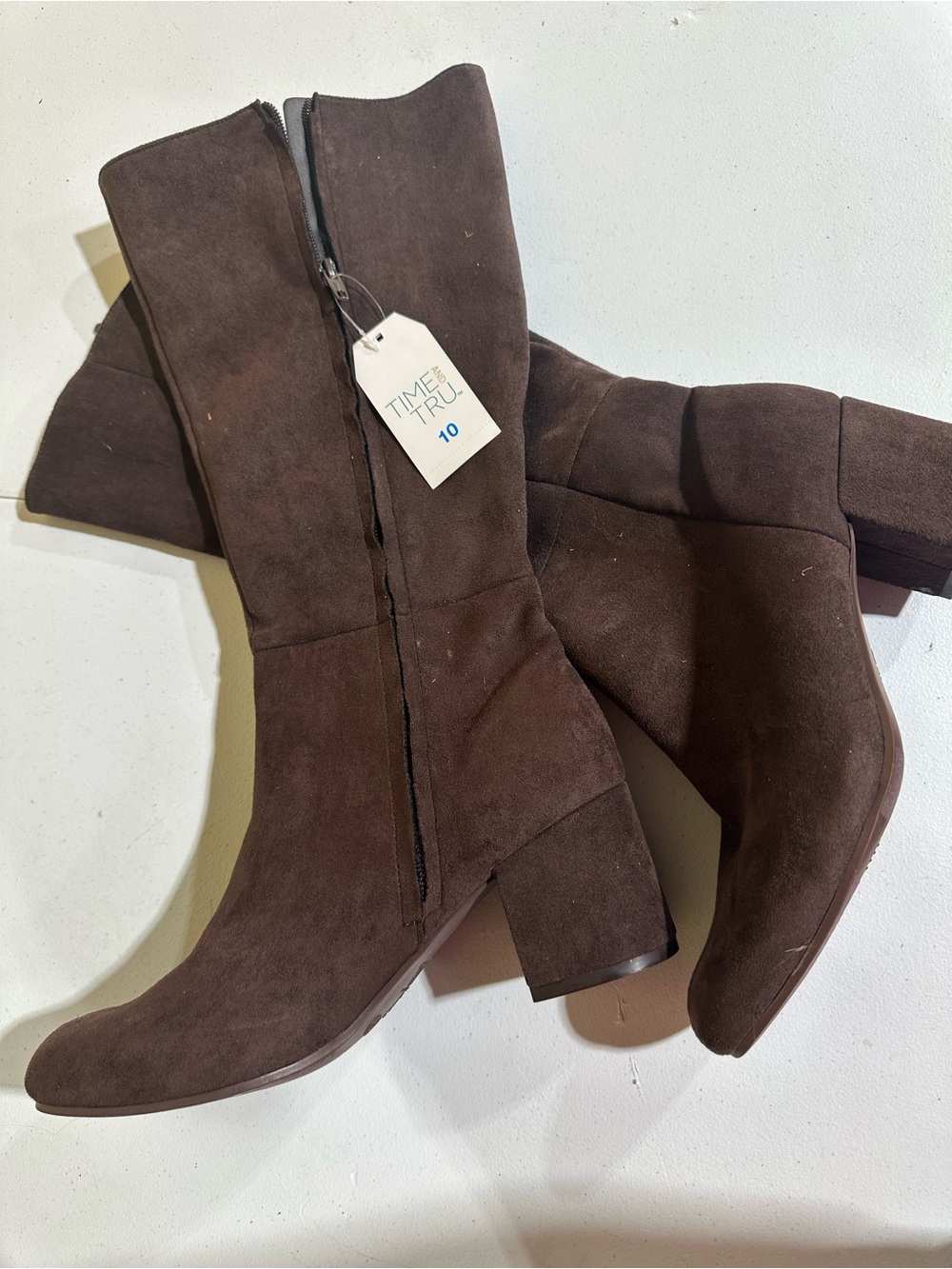 Time and Tru Dark Brown Suede Mid-Calf Block Heel Boots